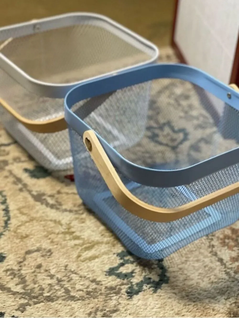 Blue & White Metal Storage Baskets with Natural Wood Handles - Home Accents